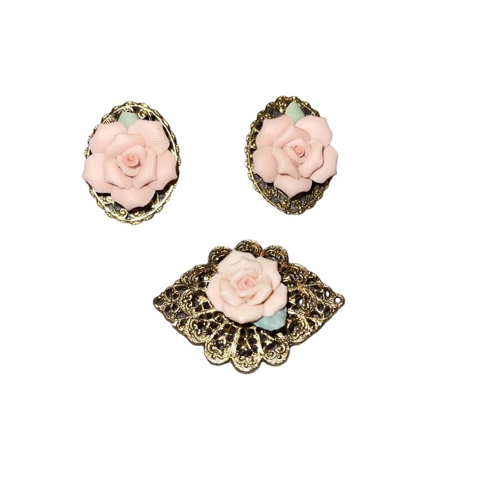 Vtg Unmarked Pink Porcelain Rose Gold Tone Brooch Pin Earrings Set Women’s